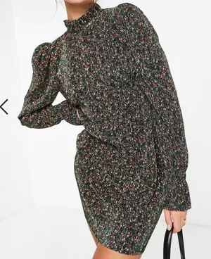 Asos - Plisse Frill Neck Mini Dress in Dark Green Floral thumbnail 1