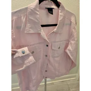 Las Olas Vintage Pink Denim Jacket Rhinestone Studded Y2K Jean Coat Women Size L thumbnail 3