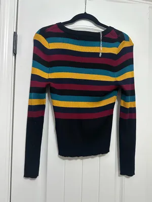 Red Teal Mustard Stripe Crop Sweater Multiple Size XL thumbnail 3