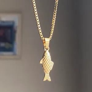 Handmade gold tone fully stainless steel fish boho funky chic simple necklace🌀🐟 thumbnail 3
