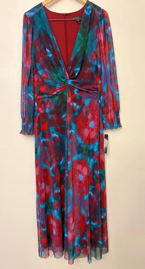 NWT Maggy London Eliana Twist Front Mesh Maxi Dress Pink Berry Watercolor 14 thumbnail 1