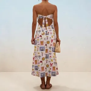Japna Strapless Maxi Dress XS Mediterranean Greece Coastal Print Linen Blend NWT thumbnail 4