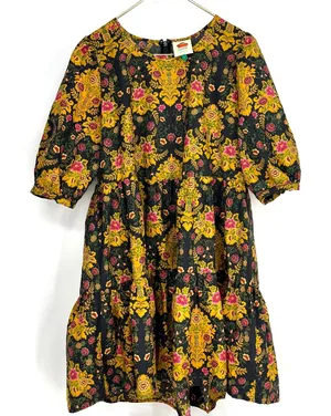 Farm Rio Arabesque Floral Mini Dress Puff Sleeve Tiered Black Yellow Large thumbnail 1
