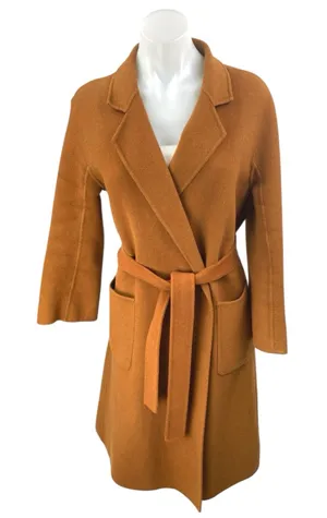 Genuine People 100% Wool Brown Long Sleeve Pockets Belted Trench Coat Jacket XS thumbnail 1