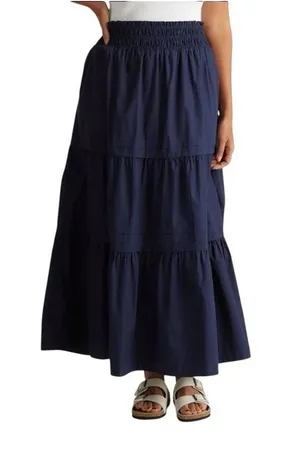 Quince Womens 100% Organic Cotton Poplin Tiered Maxi Skirt Navy XS Boho NWT thumbnail 1
