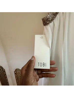 Tobi Gold metallic skater dress white mini Roman dress sequin straps NWT XS thumbnail 6