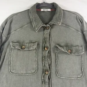 Briggs Womens XL Sage Green Waffle Knit Shacket Mixed Media Button Down Shirt thumbnail 3