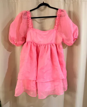 Chelsea & Violet Pink Puff Sleeve Tiered Dress thumbnail 1