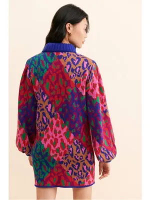 The Farm Rio Mixed Leopard Pop Sweater Oversized Dress Wool Blend Sz S thumbnail 4