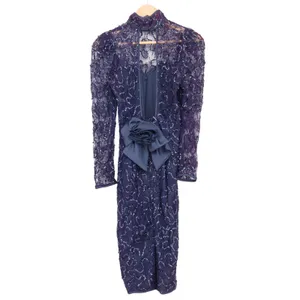 Jessica McClintock Vintage 80s Navy Sequin Lace Open Back Bow Dress Size 6 11508 thumbnail 4