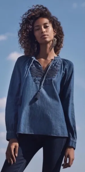 Anthropologie Ne Quittezpas Denim Chambray Embroidered Tassel Top, M thumbnail 1