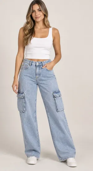 Bershka Light Blue Cargo Wide-Leg Jeans thumbnail 1