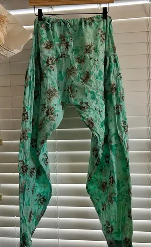 Mint Green Floral Harem Pants Boho Fairycore Artsy Coastal Relaxed Fit M thumbnail 1
