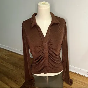 JUST POLLY NWT Chocolate Brown Ruched Front Long Sleeve Top Size L‎ thumbnail 3