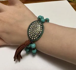 Rustic Style Turquoise Color Beads / Rhinestone / Brown Tassel NWT Bracelet thumbnail 1