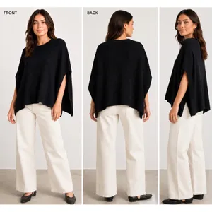 Everlane Womens LOrganic Cotton Poncho Sweater Black Side Slit Crew Neck Ribbed thumbnail 2