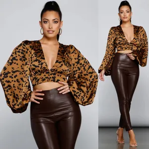 Windsor Chic Look Leopard Print Satin Puff Sleeve Crop Top Medium New NWT thumbnail 3