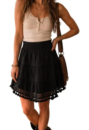 Black tiered boho layered skirt with tassels Size S thumbnail 1