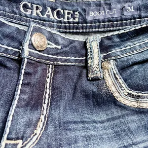 Grace in LA Bootcut Jeans Size 31 Dark Wash Embroidered Bling Western Y2K Boho thumbnail 6