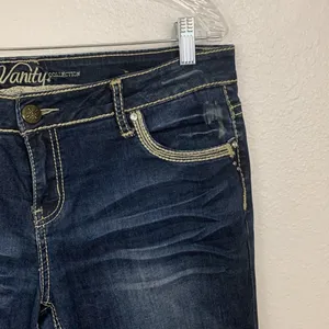 Vanity Premium Dark Wash Bling Pocket Harlow Jeans Size 32 thumbnail 2
