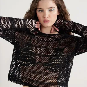 No Boundaries Black Fishnet Crochet Long Sleeve Shirt Goth Mesh Y2K Clubwear XL thumbnail 2