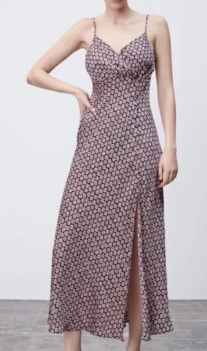 Zara | Pink and Black Daisy Print Satin Maxi Slip Dress, Small thumbnail 1