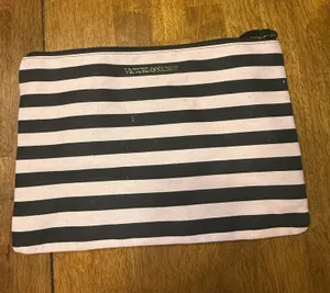 Victoria's Secret Striped Zippered Fabric Makeup Bag in White and Black thumbnail 1