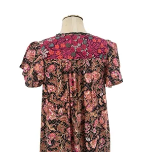 Anthropologie Floral Printed Tunic Dress Mixed Print V Neck Black Brown Size XXS thumbnail 7