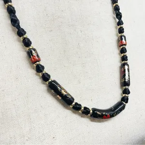 Vintage Black Floral‎ Ceramic Bead Cord Necklace Witchy Goth Romantic thumbnail 2