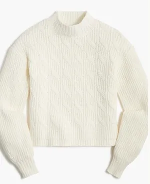 J.Crew‎ Womens Ivory Cotton Blend Cable Knit Mockneck Sweater Classic Fit Size M thumbnail 1