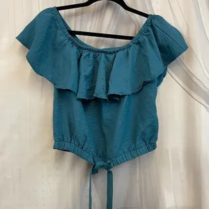 The nines S Small Ruffled Off-Shoulder Teal Crop Top with Tie Hem thumbnail 1