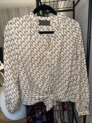 Anthropologie Cream Patterned Long-Sleeve Blouse- Sundays in Brooklyn thumbnail 1