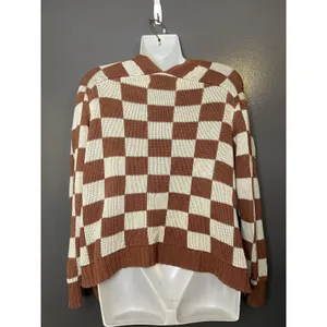 American Eagle Cardigan Sweater Womens XS Brown Checkered V Neck Button Front thumbnail 6
