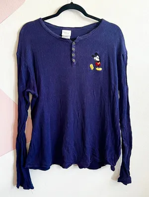 Disney Vintage Mickey Mouse Thermal‎ Henley Top 90s Y2K 2000s Disneyland Medium thumbnail 1