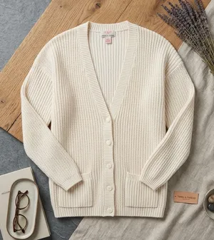Large Cream ribbed knit cardigan thumbnail 1