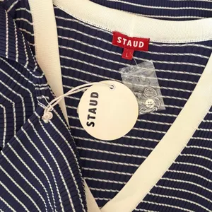 NWT!! STAUD Shoko Stripe Long Sleeve Sweater Dress Navy Blue White Striped Large thumbnail 11