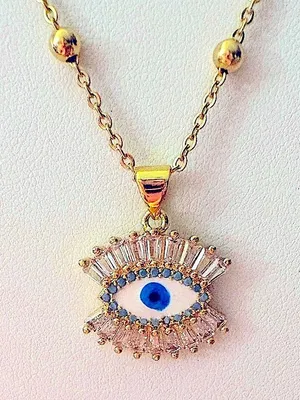 NEW‎ Handmade Evil Eye Yellow Gold Filled Simulated Diamond Necklace, 18-20” thumbnail 1