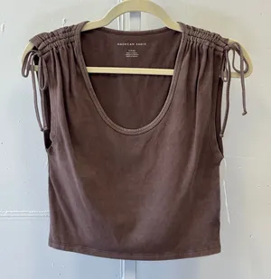 NWT American‎ Eagle Brown Ruched Tie Shoulder Scoop Neck Top T-shirt Small thumbnail 1
