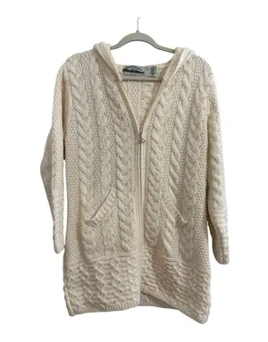 Aran Crafts 100% Merino Wool Chunky Cable Knit Hooded Sweater Zip Up Jac… thumbnail 2