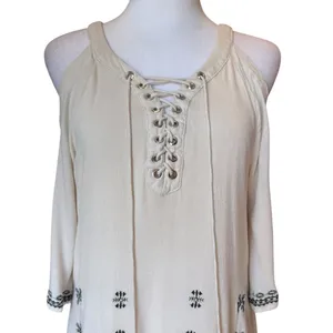 Lulus To the Sea Light Beige Embroidered Cold Shoulder Dress Womens Size Medium thumbnail 7