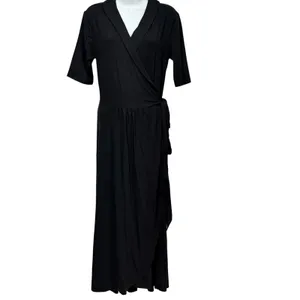 Quince Tencel Jersey Midi Wrap Dress Black Shawl Collar Short Sleeve L DKBIZ01 thumbnail 3
