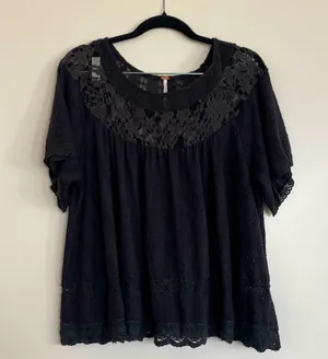 Free People boho crochet and lace short sleeve boxy top black medium thumbnail 1
