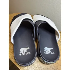 Sorel Roaming Crisscross Slide Sandal Black Leather Platform 10 thumbnail 2