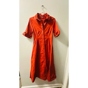 STAUD Red Cotton Blend Collared Neckline Front Button Closure Short Sleeve Dress thumbnail 8