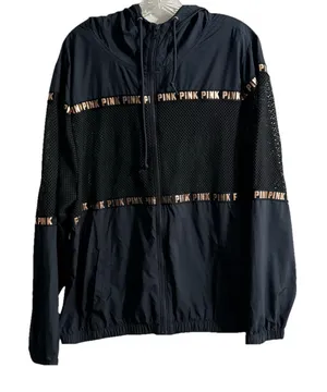 PINK Victorias Secret Zip Front Hooded Vented Jacket-Black/Gold-Polyester-SZ M/L thumbnail 1