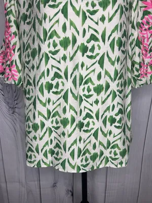 VOY Green White Abstract Print Top Pink Floral Embroidered Puff Sleeves Sz L thumbnail 3