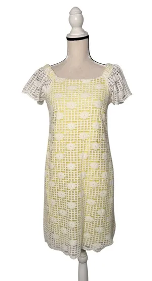 Emma & Michele White Crochet Yellow Underlay Flutter Sleeve Dress Size M thumbnail 1