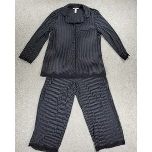 Soma Cool Collection Night Pajama Set S/M Black Stripes Lace Trim Crop Button Up thumbnail 5