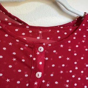 Free People Twosie for One Cardigan Med Red White Polka Dot Stars Semi Sheer thumbnail 4