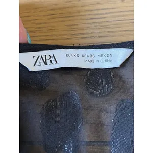 Zara Women XS Black Sheer Long Sleeve‎ Embroidered Top Blouse Ruffle Front thumbnail 3